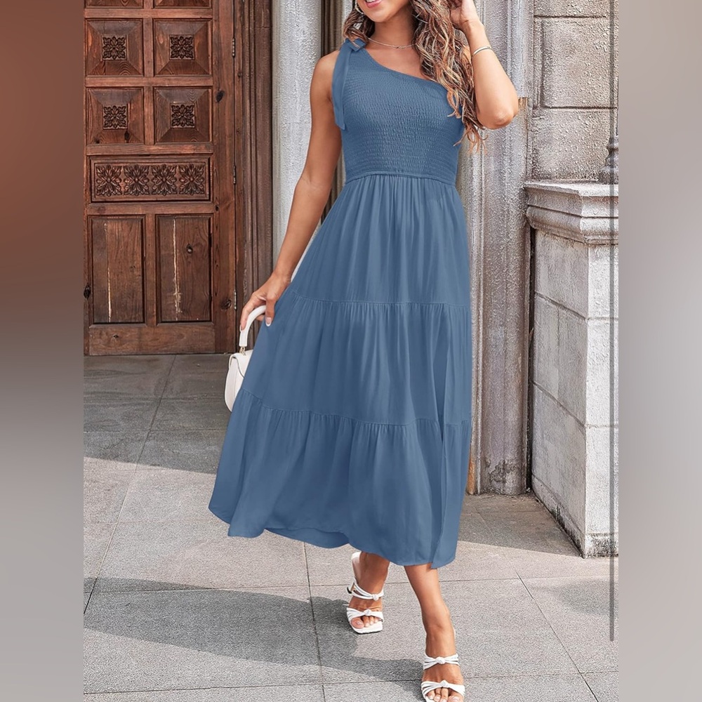 MEROKEETY One Shoulder Sleeveless Knot Smocked Split Tiered Flowy Midi Dress - Picture 7 of 14